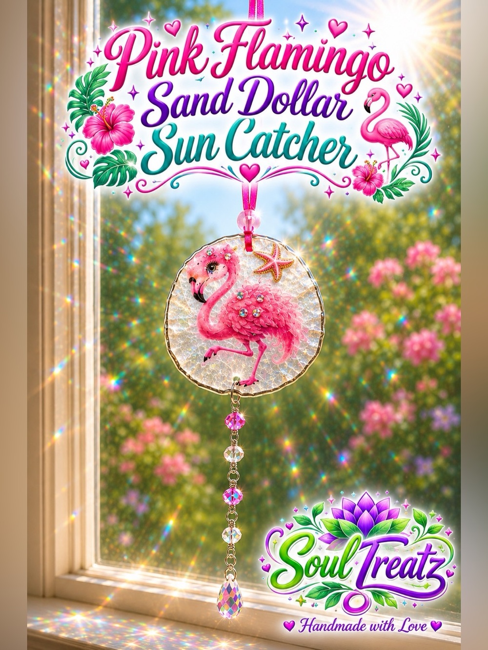 Pink Flamingo Decoupage Sand Dollar Crystal Sun Catcher